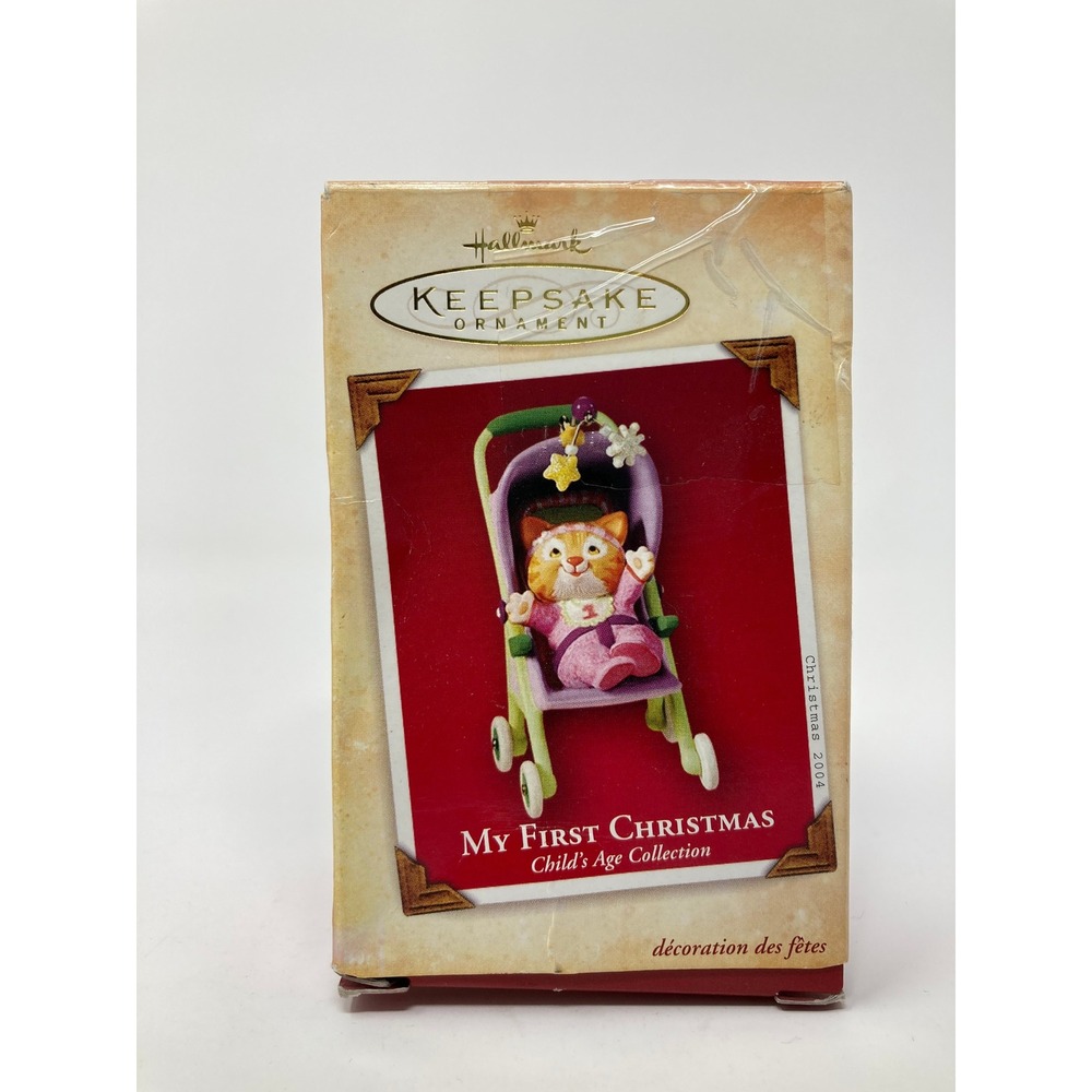 Hallmark Ornament My First Christmas 2004 Baby Girl Cat Stroller Good QXG5671